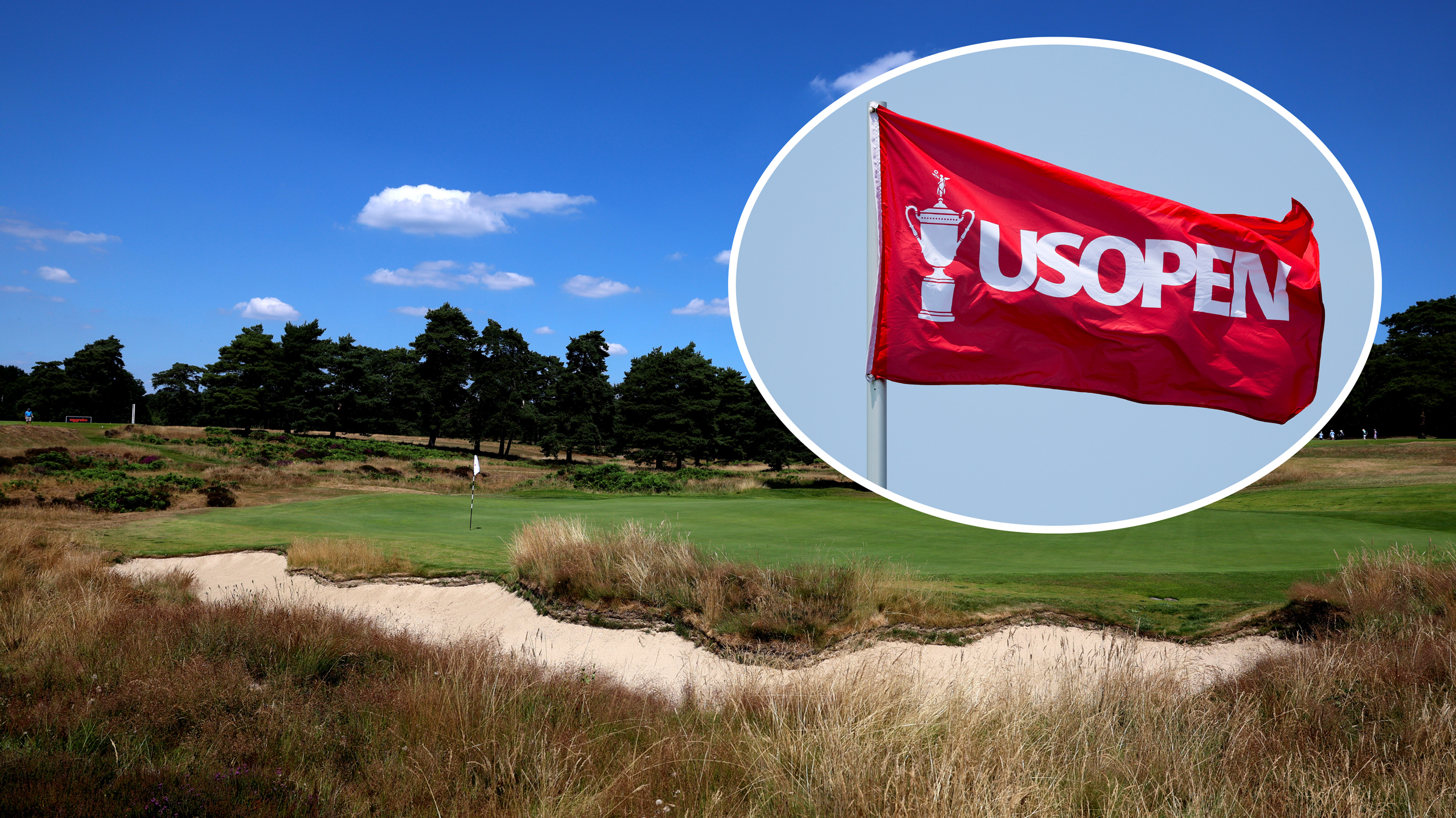 A green and bunker at Walton Heath Golf Club and an inset of a red US Open flag blowing in the wind