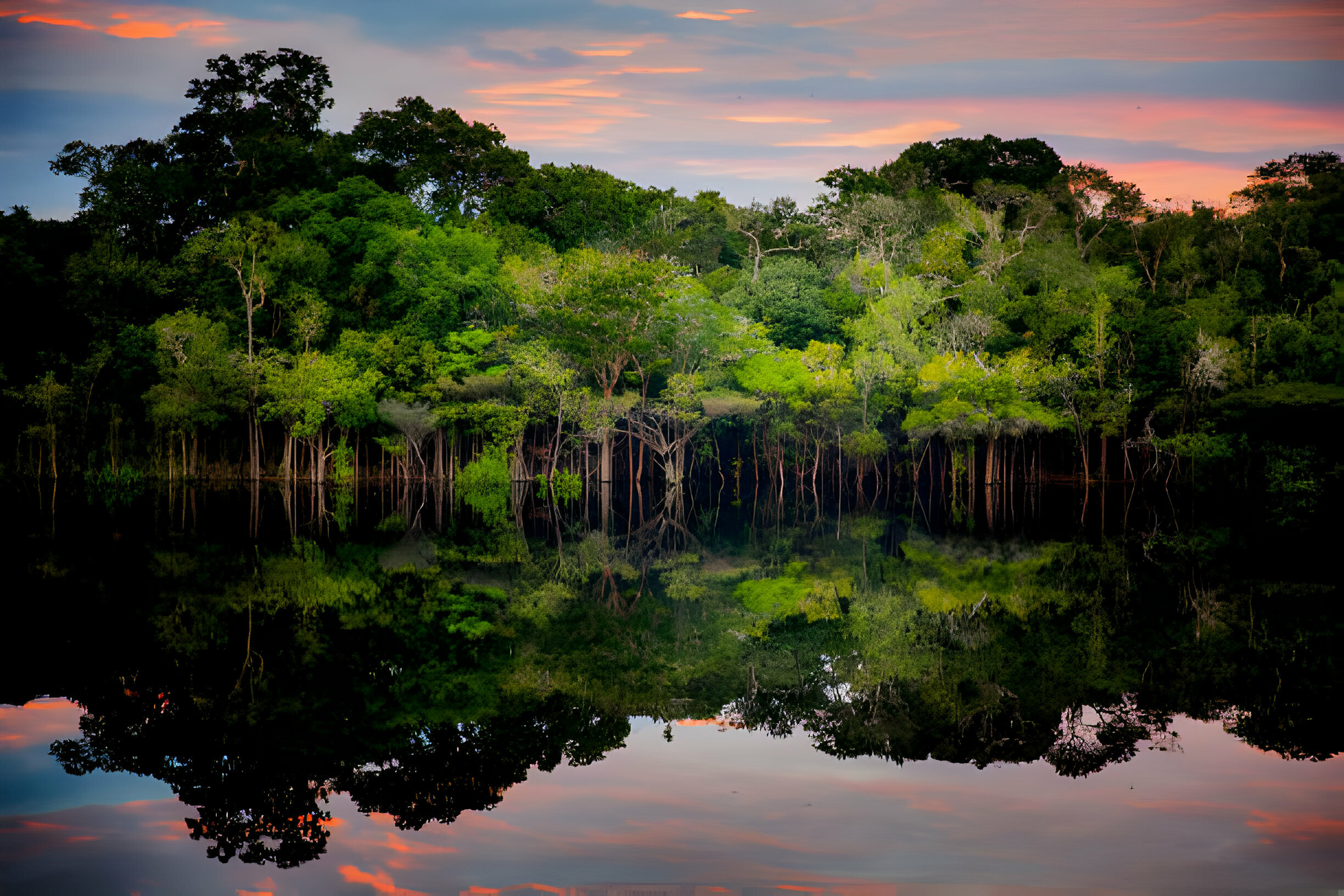 Sunset behind trees in the Amazon rainforest