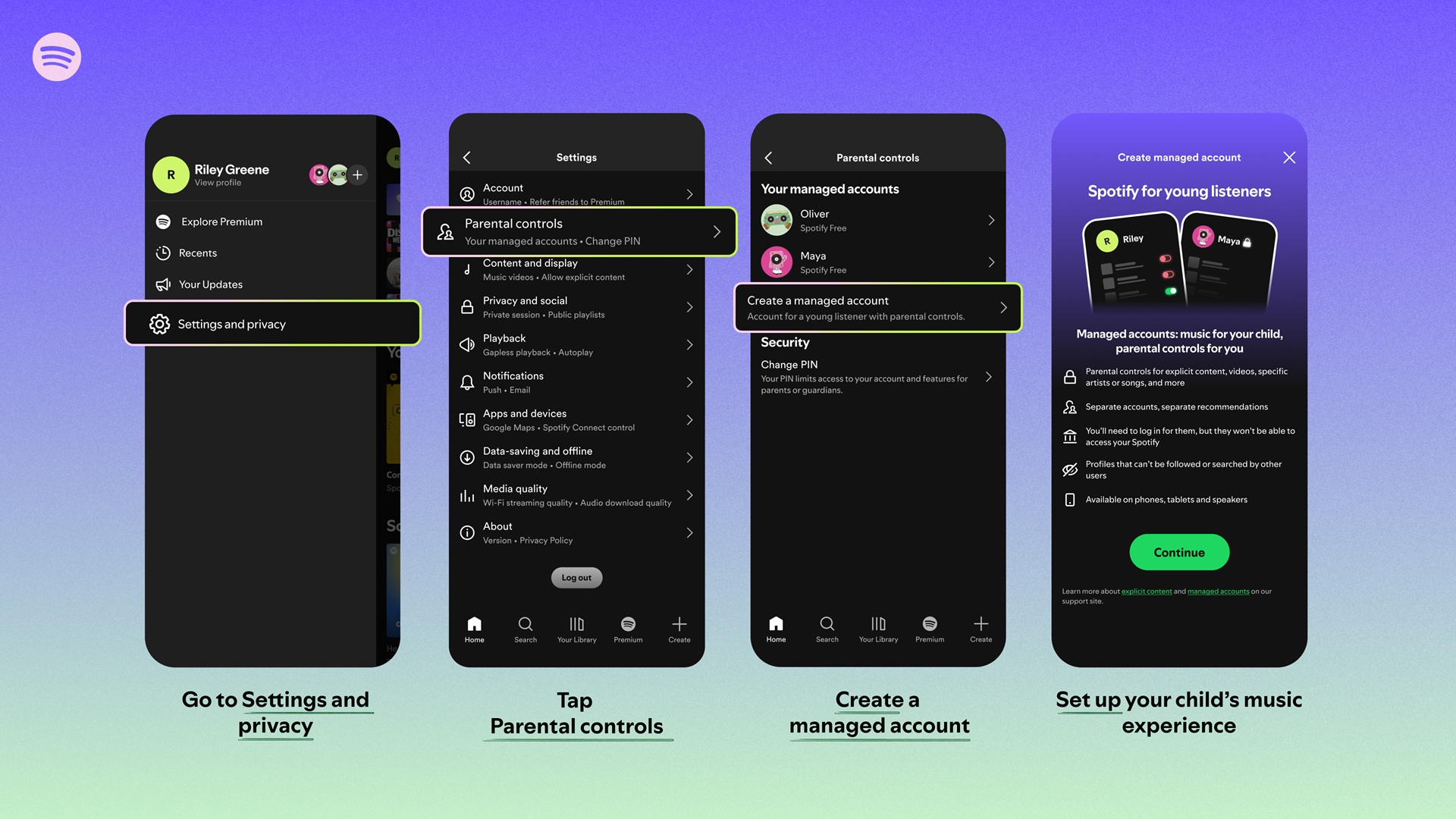 Creating a Managed Account for a kid under 13 has a parent hopping into Spotify and opening their settings to begin creating one.