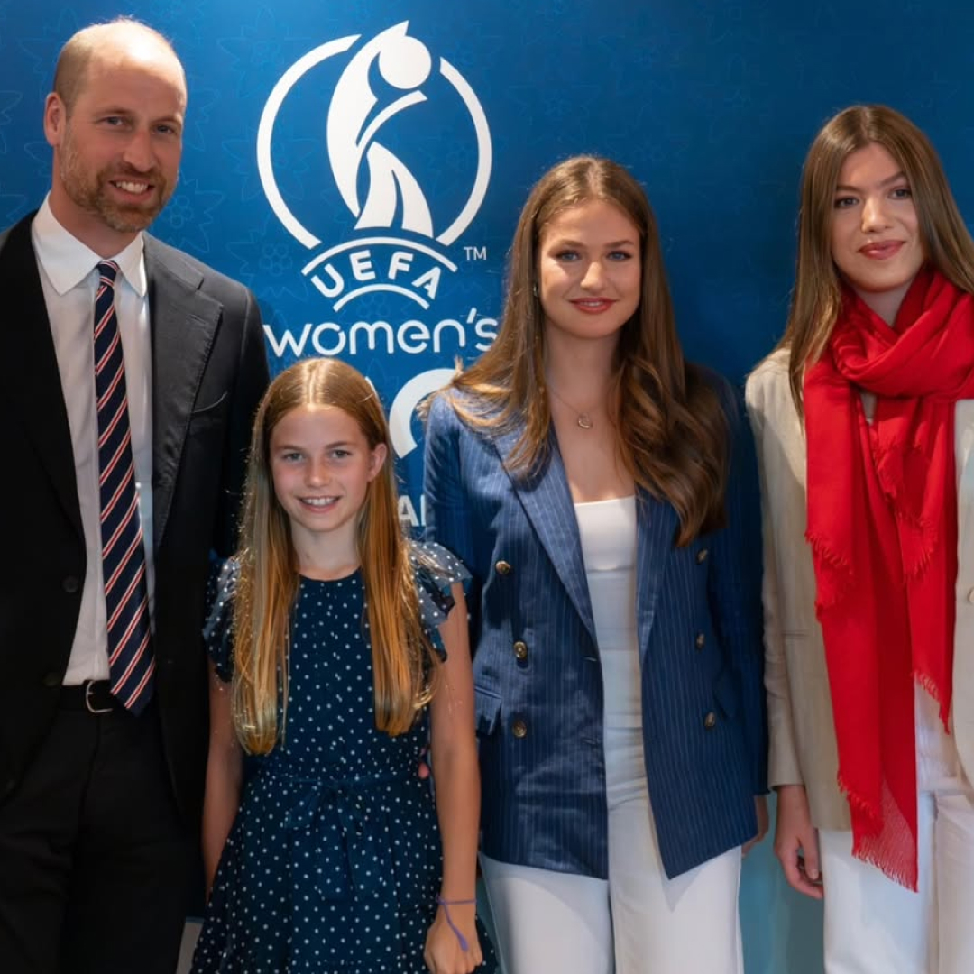 Prince William, Princess Charlotte, Princess Leonor and Infanta Sofia posing at the Women&#039;s European soccer championship