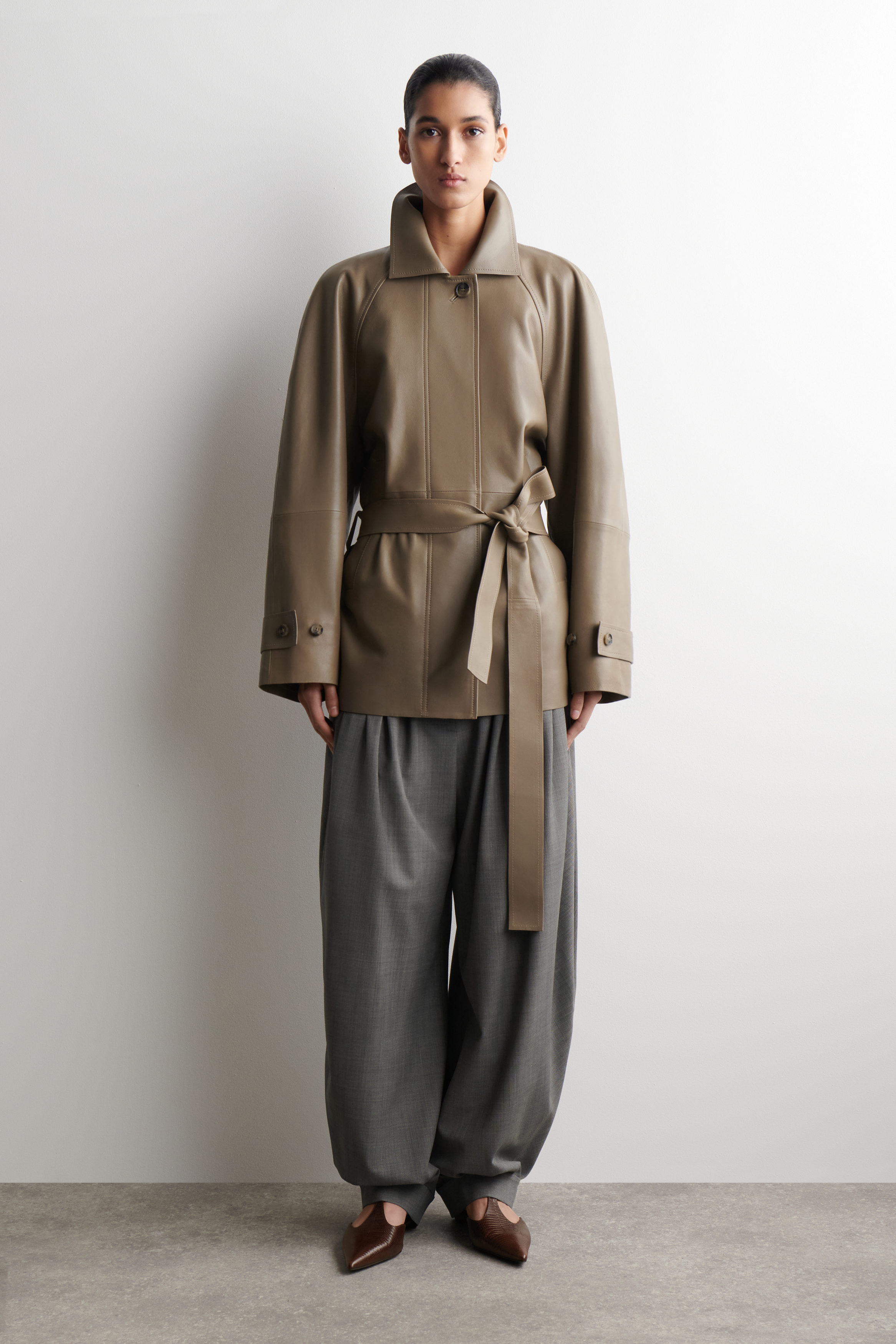 Funnel-Neck Leather Short Trench Jacket