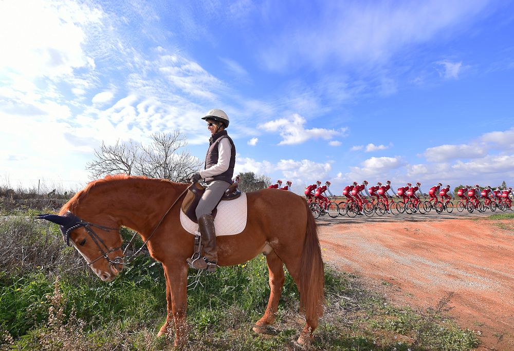 An equestrian wacthes Katusha-Alpecin on a training ride