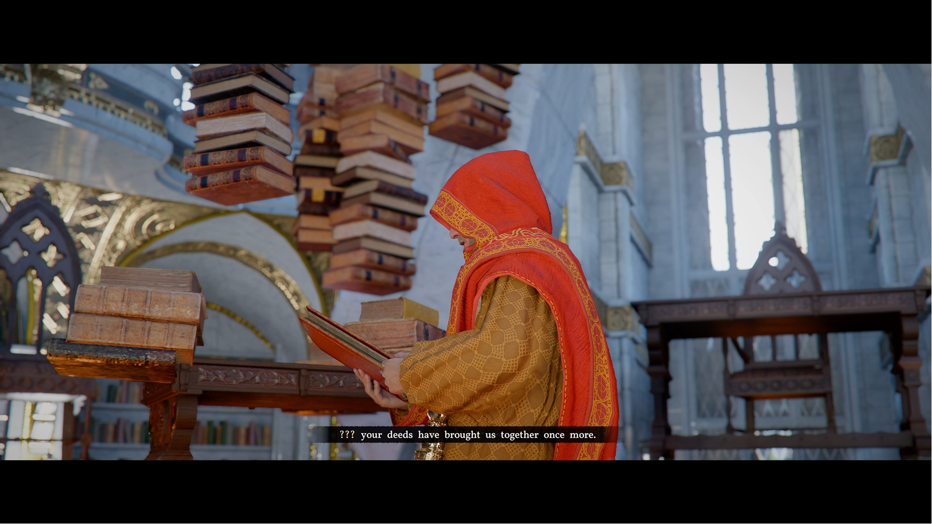 Screenshots obtained at a preview event for Crimson Desert, showing an old wizard, a helmet that replays ambient memories, and a small phantom child lifting a stone door.