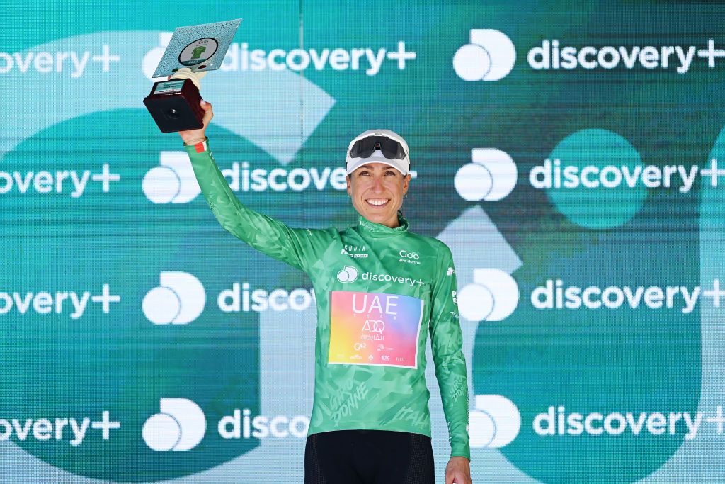 REGGIO EMILIA ITALY JULY 05 Margarita Victoria Garcia Caellas of Spain and UAE Team Adq celebrates winning the green mountain jersey on the podium ceremony after the 33rd Giro dItalia Donne 2022 Stage 5 a 1261km stage from Carpi to Reggio Emilia GiroDonne UCIWWT on July 05 2022 in Reggio Emilia Italy Photo by Dario BelingheriGetty Images