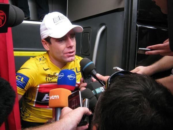 Cadel Evans (BMC) answers questions after losing the maillot jaune