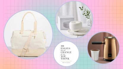 A collage image of the best Christmas gift ideas for your girlfriend, including an electronic diffuser, a book, a weekend bag, and the Hotel Chocolat Velvetiser
