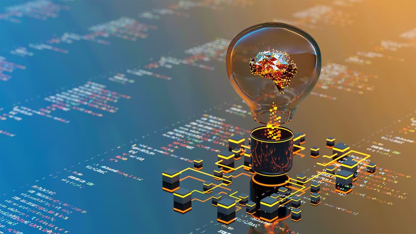 Open source AI concept image showing digitized human brain contained within a lightbulb, placed on top of a circuit board with binary code in background.