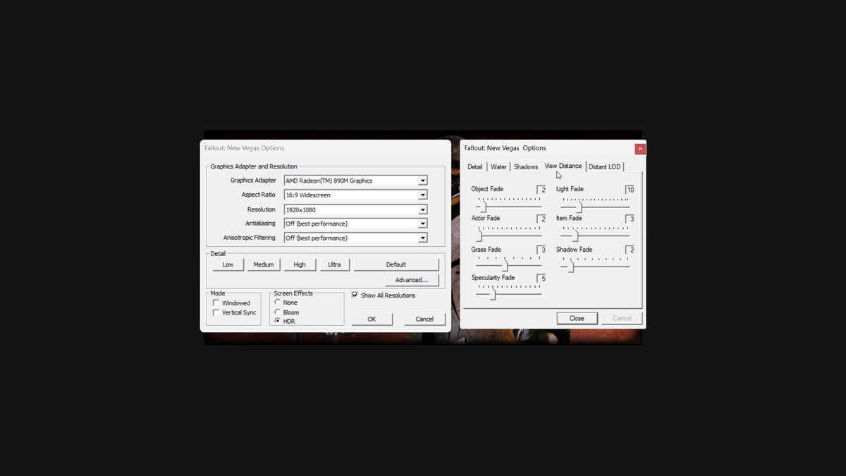 Fallout New Vegas graphical settings for handhelds