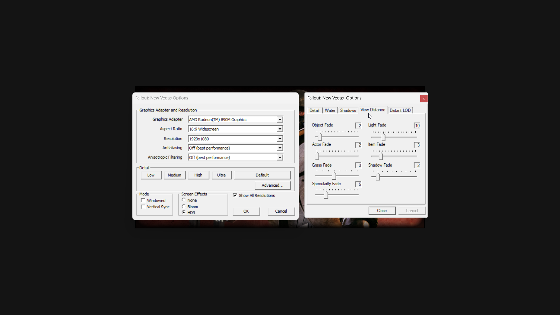 Fallout New Vegas graphical settings for handhelds