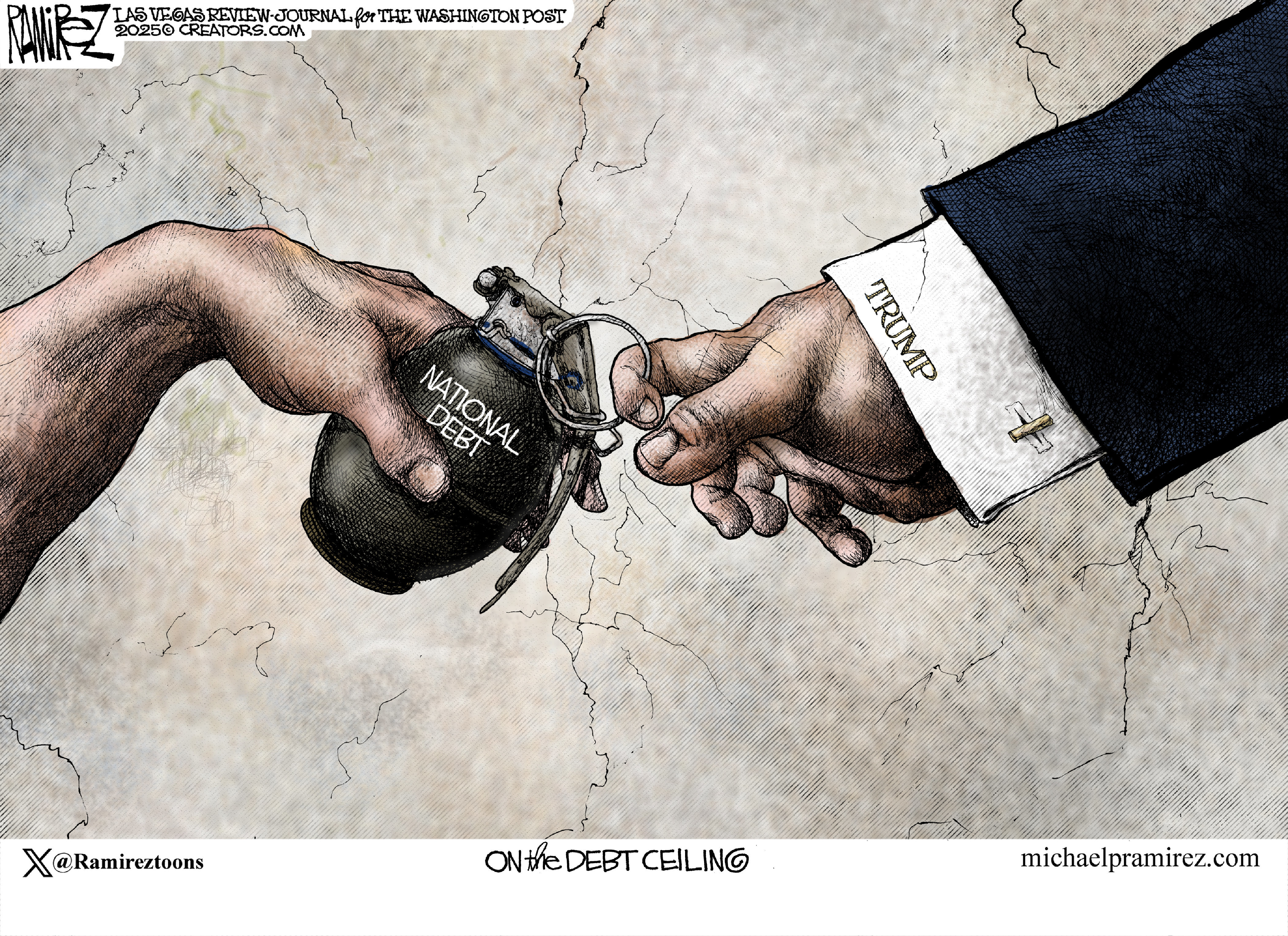 This cartoon is titled “On the Debt Ceiling” and is drawn to resemble Michelangelo's “The Creation of Adam” from the ceiling of the Sistine Chapel. The hand at the left holds a grenade labeled “NATIONAL DEBT”. Donald Trump’s hand is at right, about to pull the pin from the grenade.