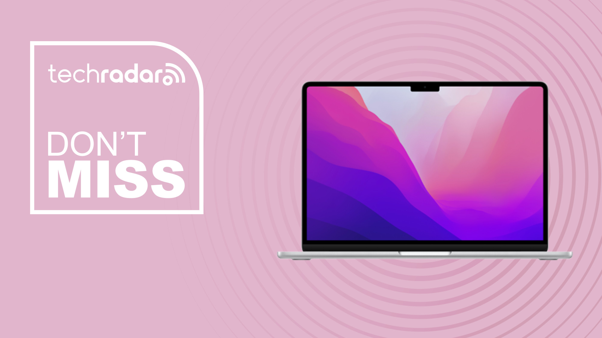 Apple MacBook Air 13 M2 2022 on pink background with don&#039;t miss text overlay