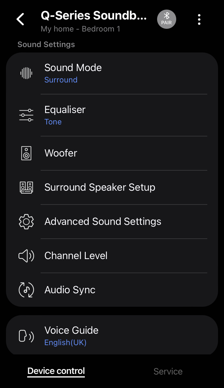 Screenshot of Samsung SmartThings app showing some settings available for the Samsung HW-QS750F, including Sound Mode, Equaliser, Woofer, Surround Speaker Setup, Advanced Sound Settings, Channel Level, Audio Sync, and Voice Guide.