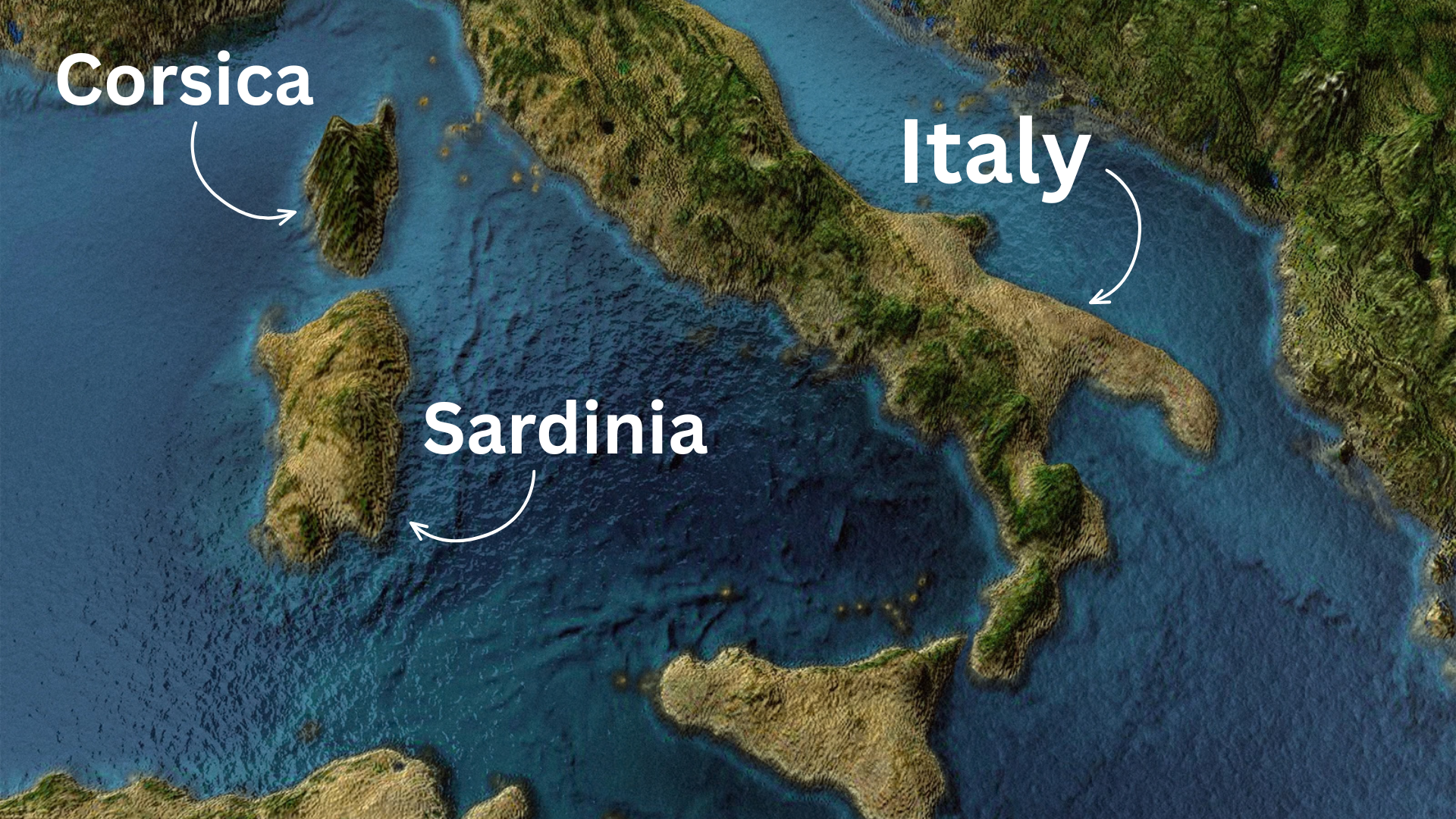 A map of Italy showing the islands of Corsica and Sardinia.