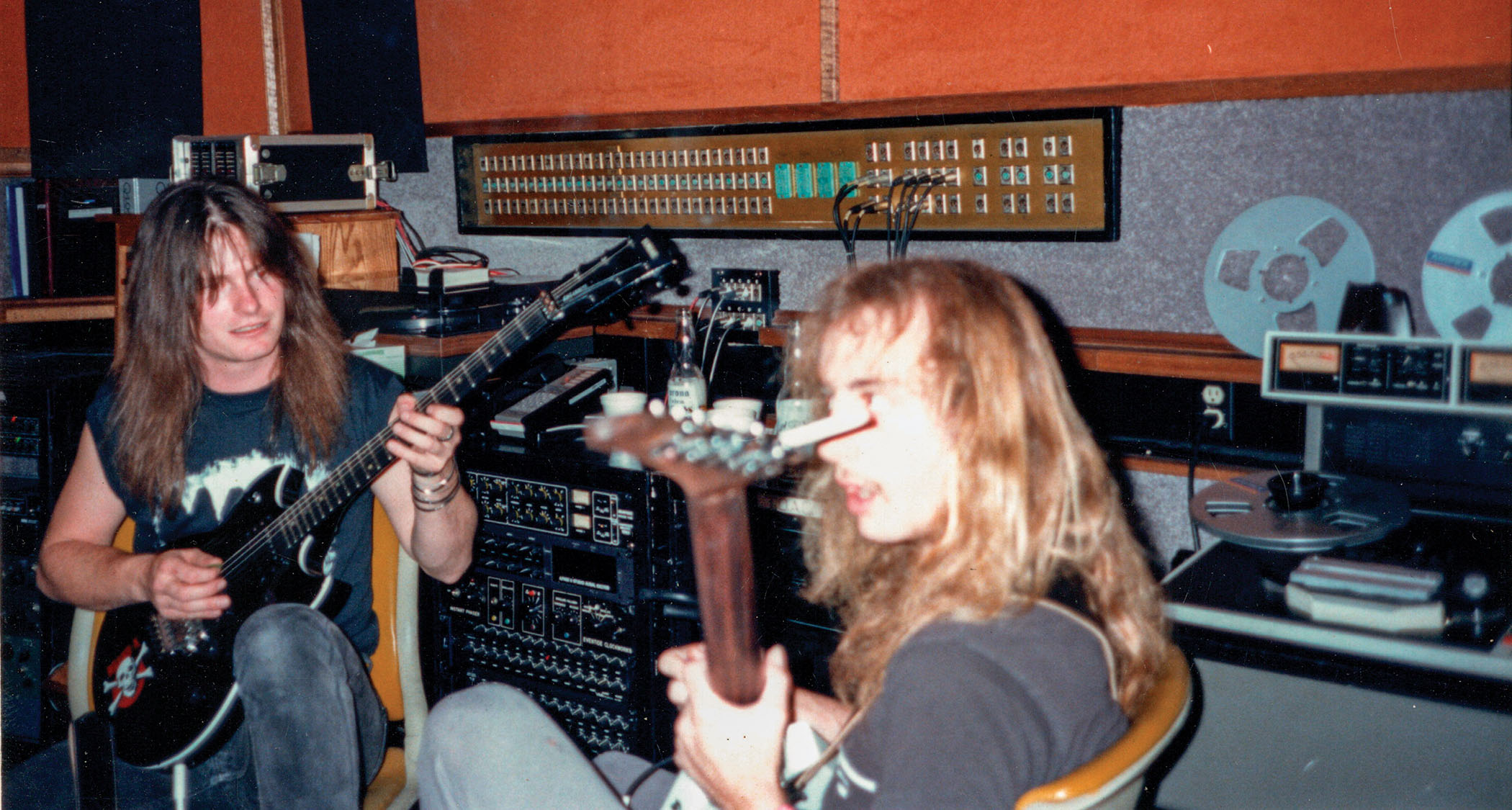 “Tracking guitars for Pleasures of the Flesh at Alpha & Omega studios in San Francisco with Rick Hunolt [right], circa 1986,” Holt says
