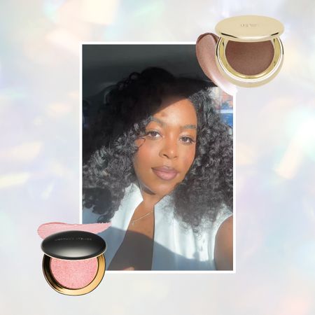 Beauty Writer, Ariel Baker, sharing the best highlighters in her routine with a white dress on and on a shimmer background with two highlighters on either side of her