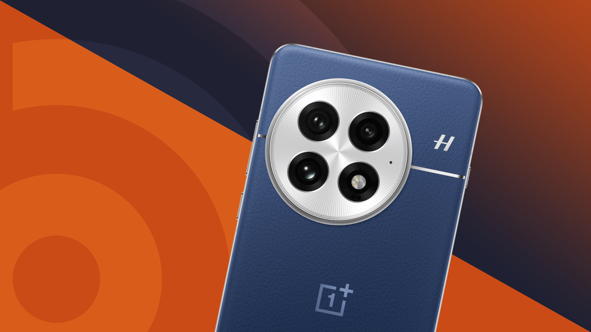 OnePlus 13 in navy blue back showing cameras on an orange TechRadar logo