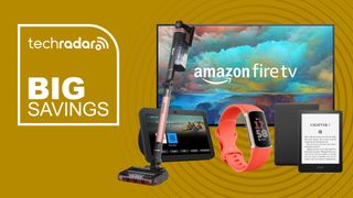 Amazon Fire TV, Shark vacuum, Fitbit, Echo Show and Kindle on a yellow background