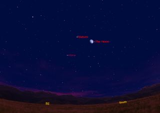 This sky map shows how Saturn, the moon and the bright star Spica will appear on May 14, 2011 as seen from mid-northern latitudes at about 9 p.m. local time.