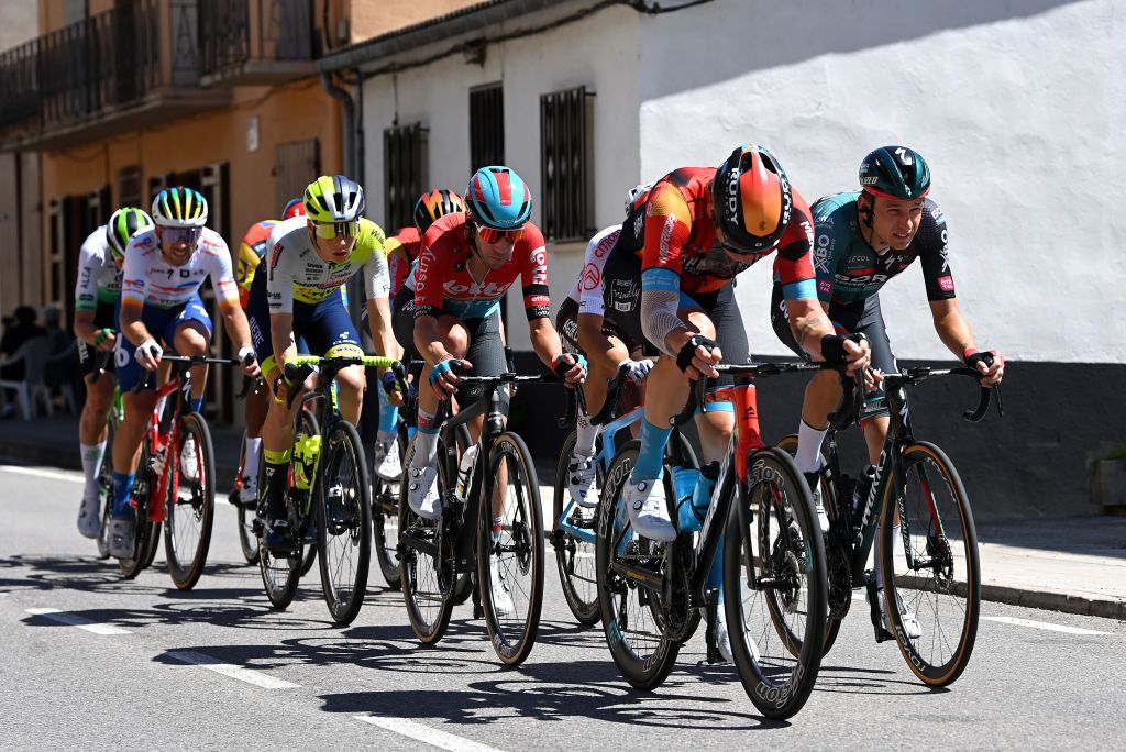 ARINSAL SPAIN AUGUST 28 LR Pierre Latour of France and Team TotalEnergies Rune Herregodts of Belgium and Team Intermarche Circus Wanty Eduardo Seplveda of Argentina and Team Lotto Dstny Jasha Stterlin of Germany and Team Bahrain Victorious and Lennard Kmna of Germany and Team BORA Hansgrohe compete in the breakaway during the 78th Tour of Spain 2023 Stage 3 a 1585km stage from Sria to Arinsal 1911m UCIWT on August 28 2023 in Arinsal Andorra Photo by Tim de WaeleGetty Images