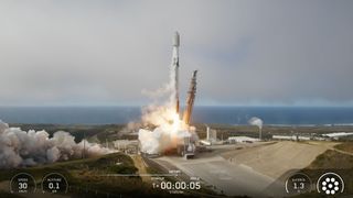 A SpaceX Falcon 9 rocket launches 28 Starlink satellites from Vandenberg Space Force Base in California on Nov. 6, 2025.