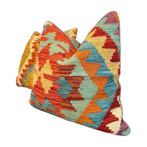 Hand Woven Kilim Cushion Cover 18x18 Inch (45x45cm), Wool & Cotton Boho Throw Pillow, Geometric Pillow Cover for Sofa, Couch, Couch, Multicolored Decorative Cushion for Living Room & Home Office