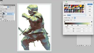 Knight picture in Photoshop, with colour palette tools up to give it a grey, blue and yellow tint