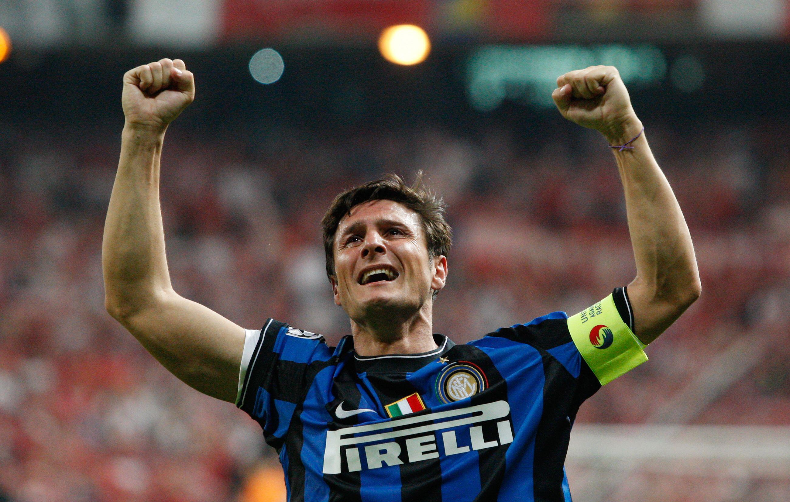 Captain Javier Zanetti celebrates Inter's victory over Bayern Munich in the 2010 Champions League final