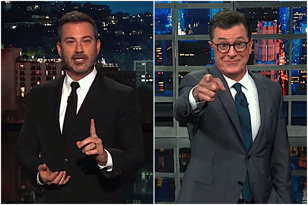 Stephen Colbert and Jimmy Kimmel slam Trump&amp;#039;s Baltimore attacks