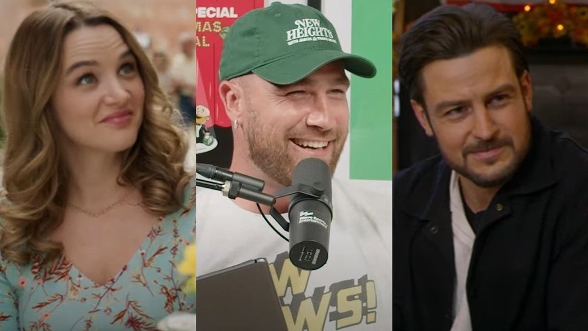 From left to right: screenshots of Hunter King in Two Scoops of Italy, Travis Kelce smiling on New Heights and Tyler Hynes in Roadhouse Romance.