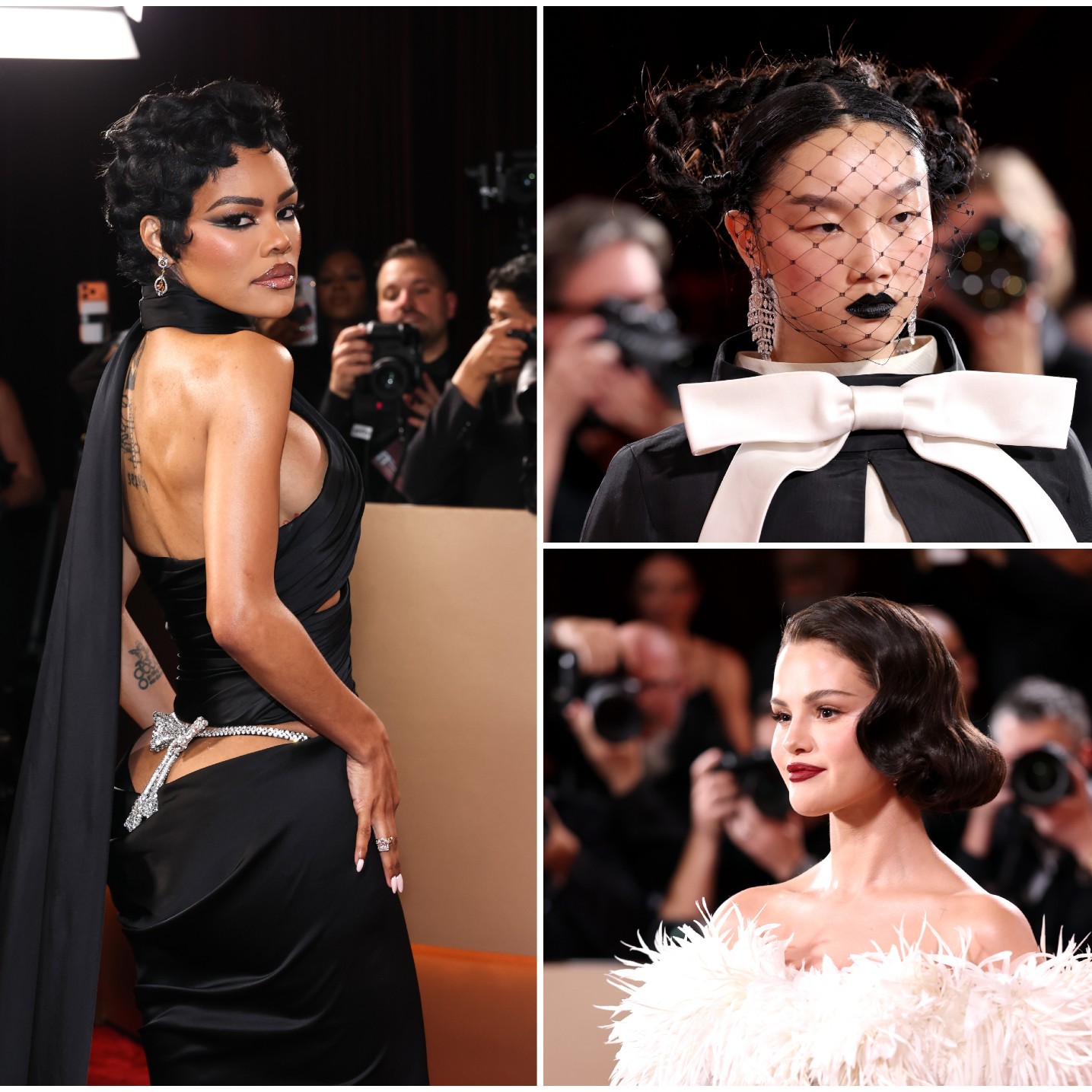 a collage of three women at the golden globe awards