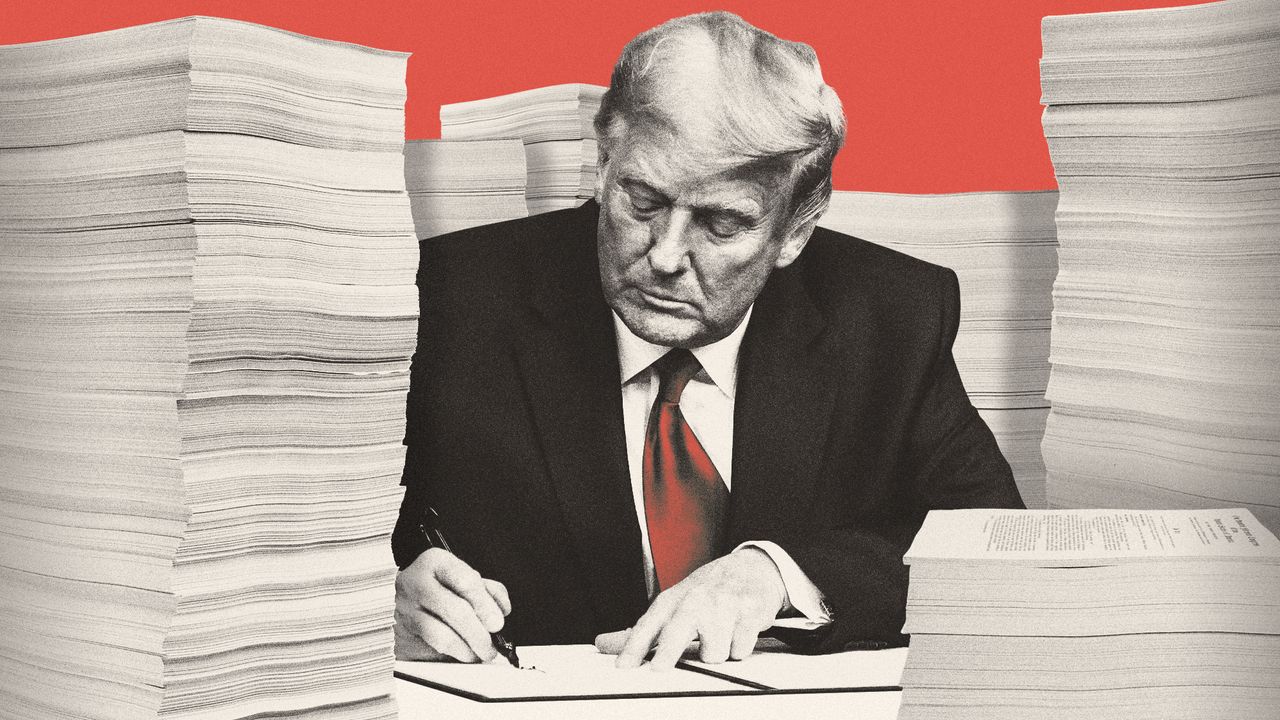 Illustration of Donald Trump surrounded by stacks of Executive Orders