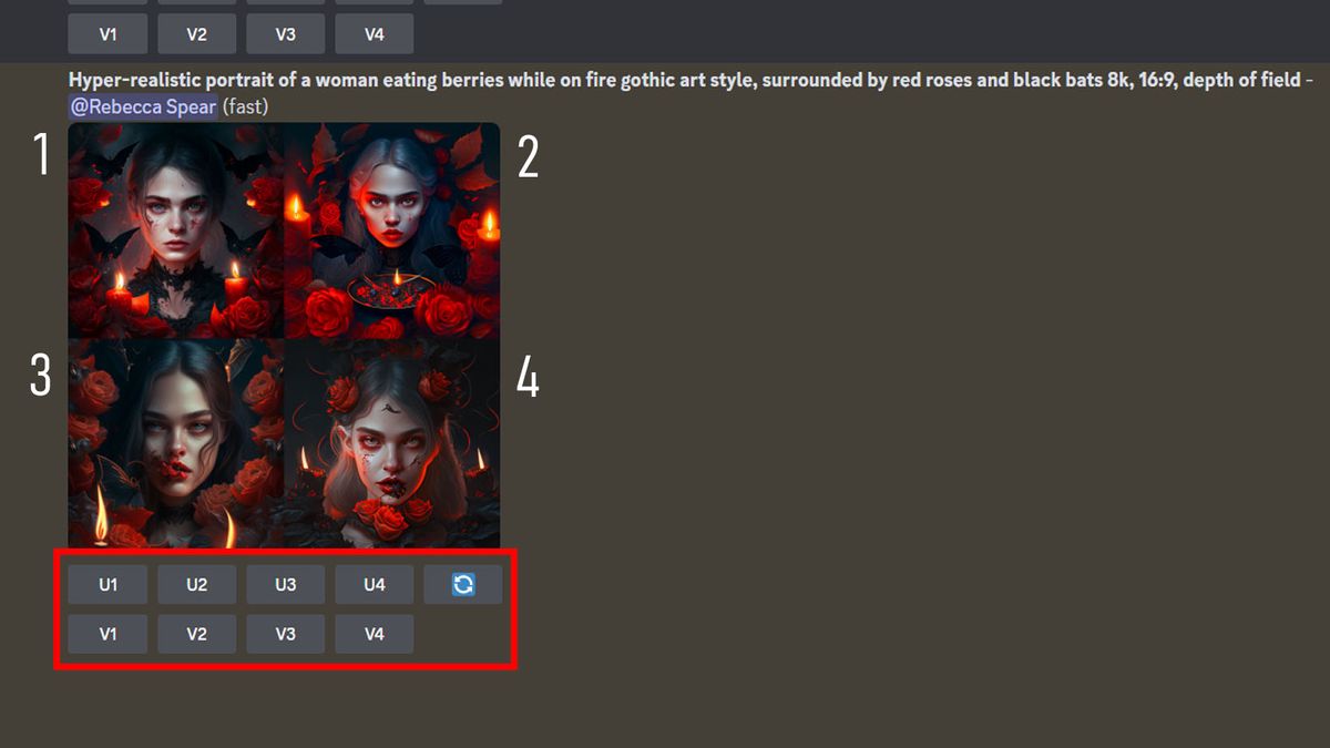 Boxes appear under AI-generated art in Midjourney that correspond to the images above.