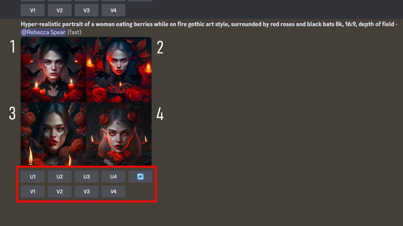 Boxes appear under AI-generated art in Midjourney that correspond to the images above.