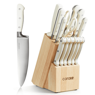 Carote 14 Pieces Knife Set With Wooden Block Stainless Steel Knives With Ergonomic Handle, Forged, White