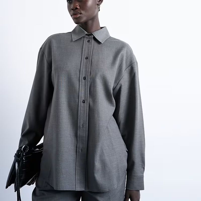 Topshop oversized asymmetric tailored shirt in gray on model 