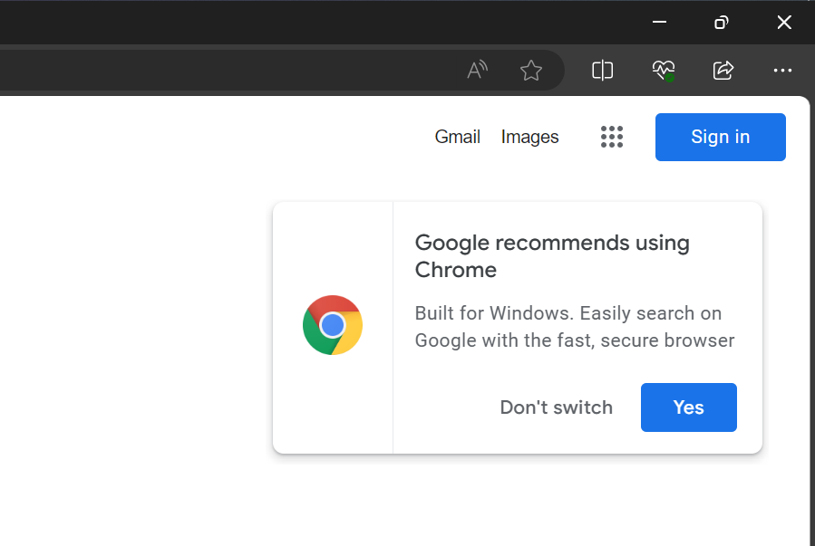 Google popup recommending chrome