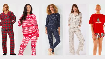Red, white and blue womens christmas pyjamas on five different models 