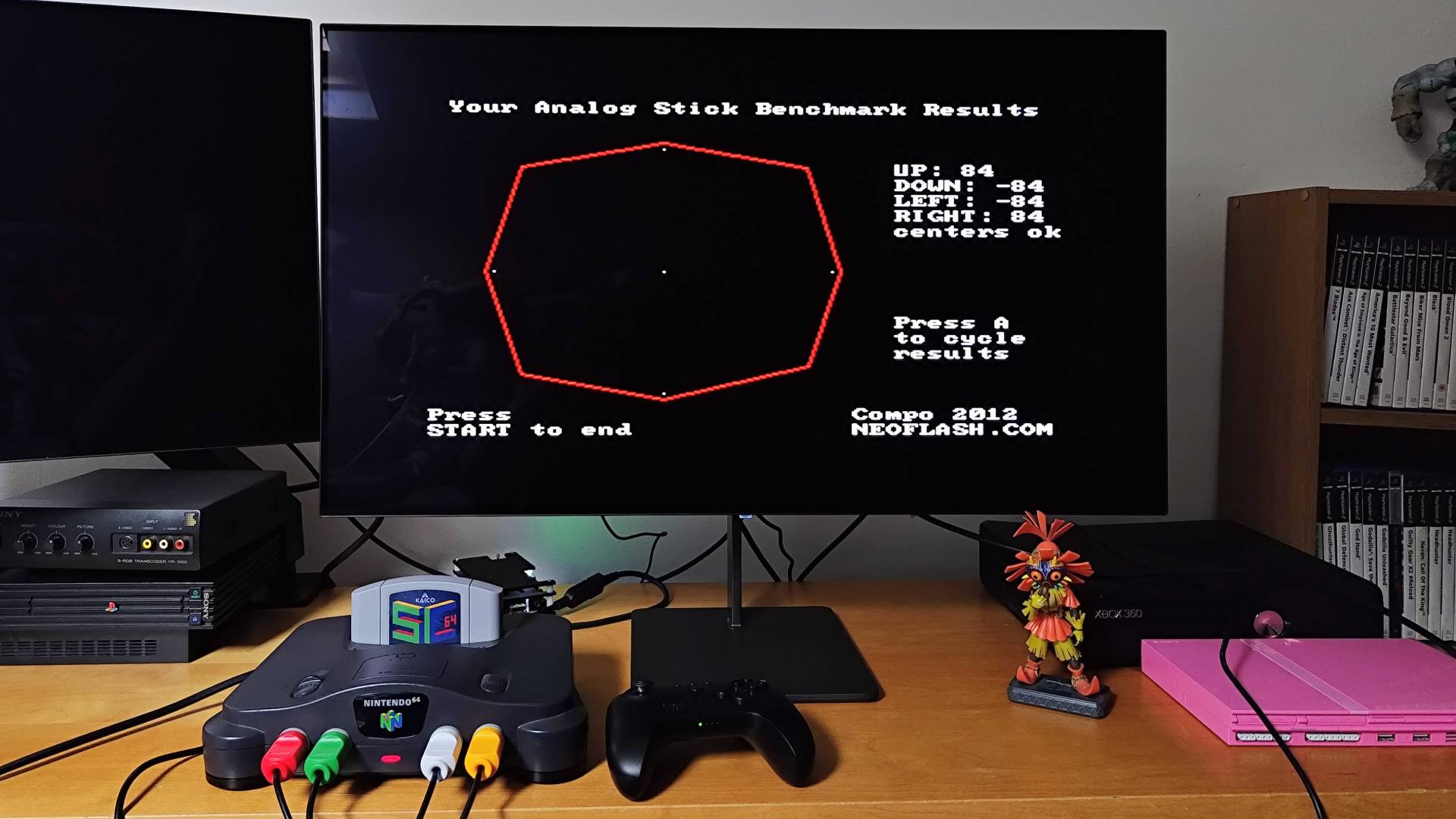 8Bitdo N64 controller connected to original console via Blueretro adapter with screen displaying benchmarks.