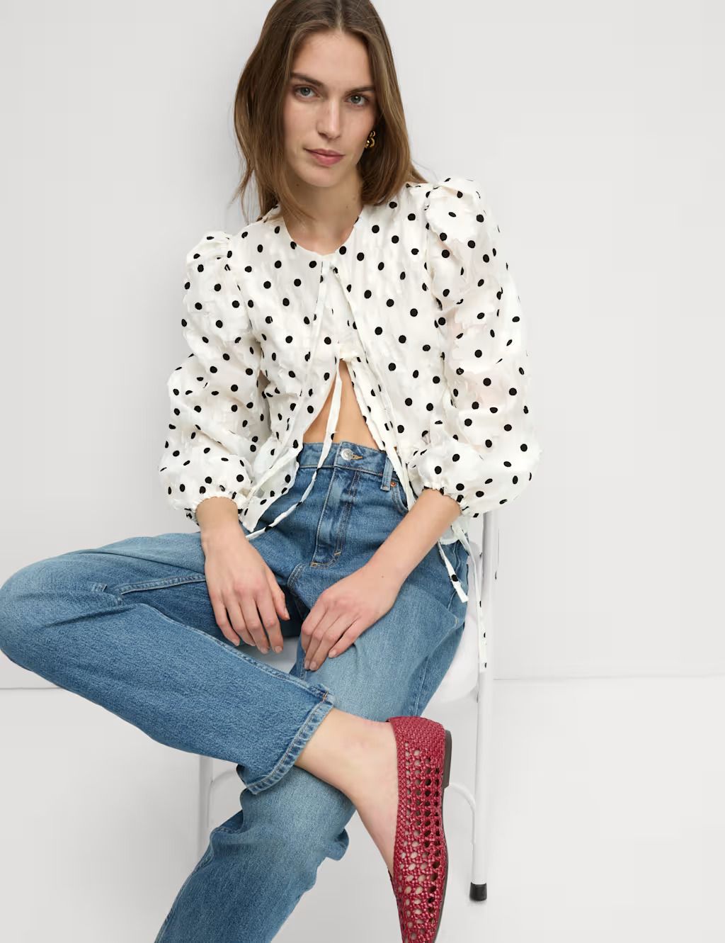 Polka Dot Tie Front Puff Sleeve Blouse