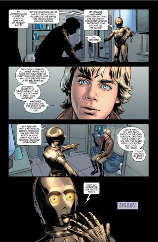 a page from a comic book showing a human and a golden droid talking.