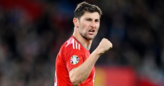 Ben Davies of Wales celebrates during the UEFA EURO 2024 European qualifier match between Wales and Croatia at Cardiff City Stadium on October 15, 2023 in Cardiff, Wales.