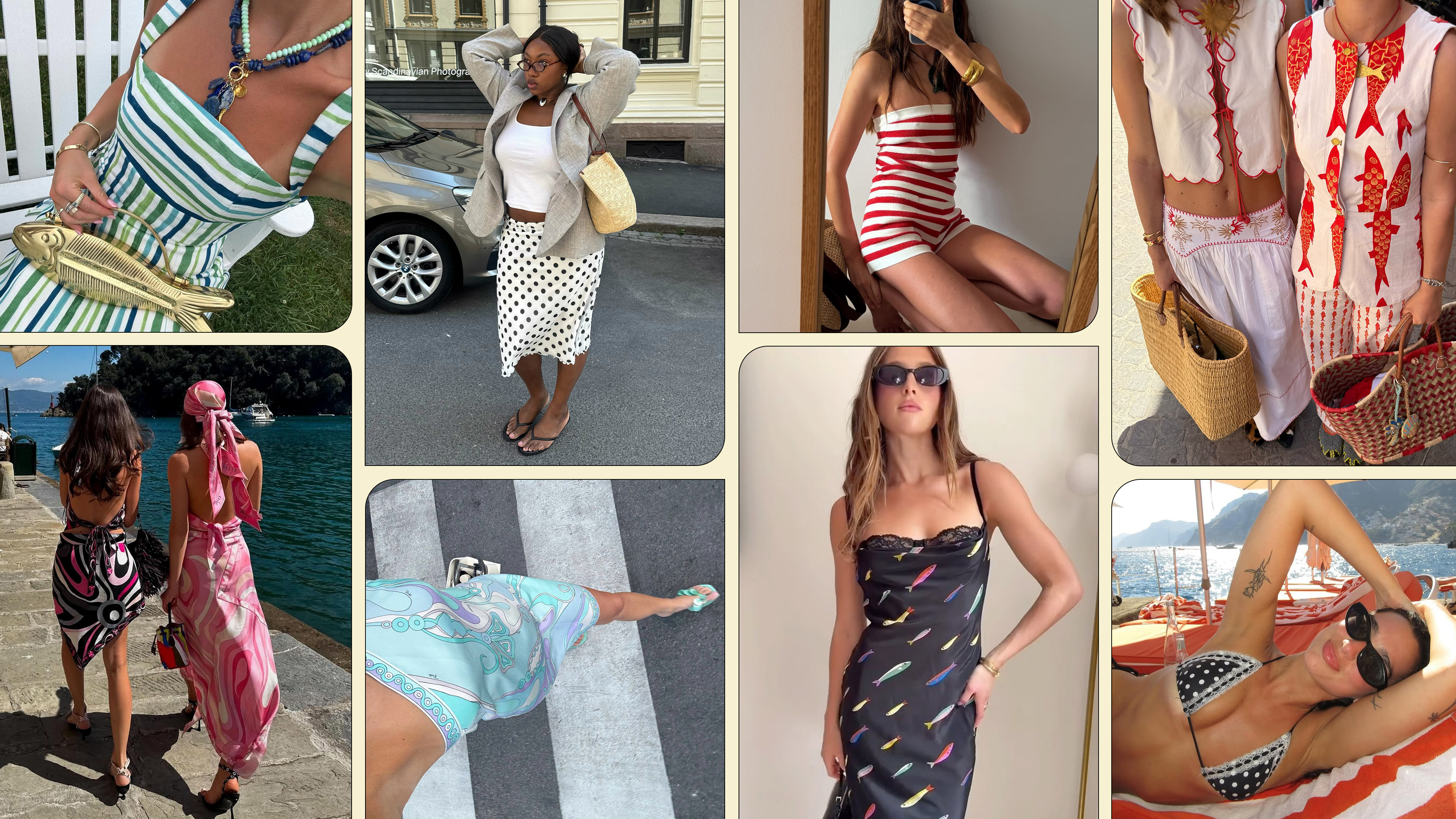 Woman wearing a bold print dress; a woman wearing a polka dot skirt; woman in a striped shorts set; two women in pucci dresses; two women in ocean-inspired prints; Dua Lipa in a polka-dot bikini.