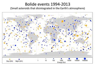 Small asteroid impacts showing day-time impacts (in yellow) and night-time impacts (in blue). The size of each dot is proportional to the optical radiated energy of the impact.