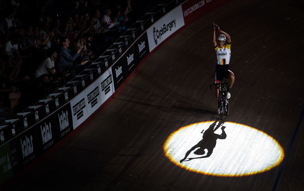 Leif Lampater of Germany celebrates winning the 60 lap derny at the Six Day London