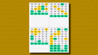 Quordle Daily Sequence answers for game 1057 on a yellow background