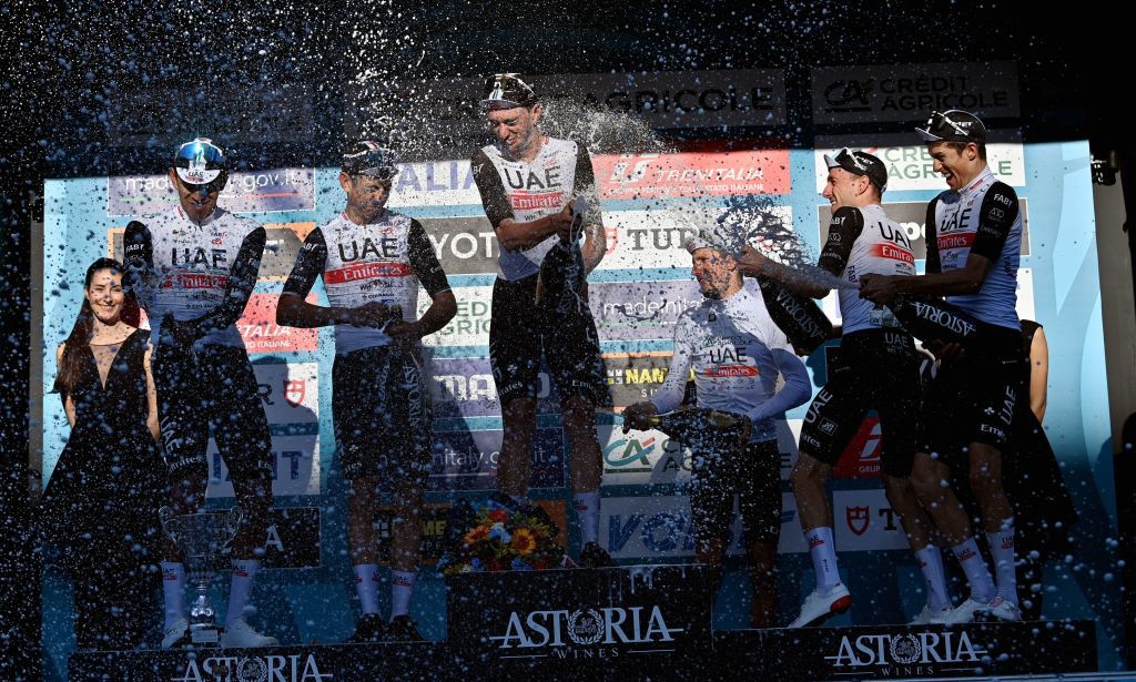 UAE Team Emirates riders celebrate on the podium of stage 7 the final stage of the TirrenoAdriatico cycling race 154 km from and to San Benedetto del Tronto in Italy Sunday 12 March 2023 BELGA PHOTO DIRK WAEM Photo by DIRK WAEM BELGA MAG Belga via AFP Photo by DIRK WAEMBELGA MAGAFP via Getty Images