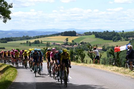2026 Tour Auvergne-Rh&ocirc;ne-Alpes stage 5: Visma-Lease a Bike's Bruno Armirail pulls in the main peloton behind the six-man break of the day