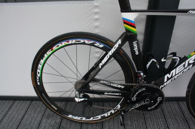The Fulcrum Racing Speed XLR rear wheel is also customised with rainbow stripes