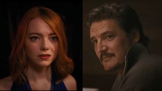 Close up of Emma Stone at the piano bar in La La Land, next to a close up of Pedro Pascal in a restaurant in Materialists.