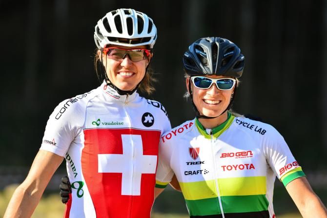 Two of the most familiar faces in South African women&rsquo;s marathon racing are current South African Marathon champion Robyn de Groot (right) and adopted South African but Swiss national champion Ariane Kleinhans (left). The two were out training on the marathon course at the Cascades MTB Park ahead of the 2014 UCI MTB Marathon World Championships that get underway on Sunday, 29 June. De Groot will be hoping for a repeat of the performance that won her the national title at the same venue just two weeks ago.